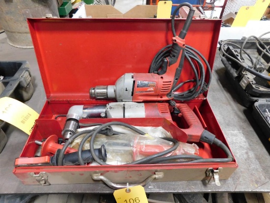 LOT: Milwaukee Heavy-Duty Right Angle 1/2" Drill in Case, Milwaukee 1/2" Hammer Drill (LOCATED IN