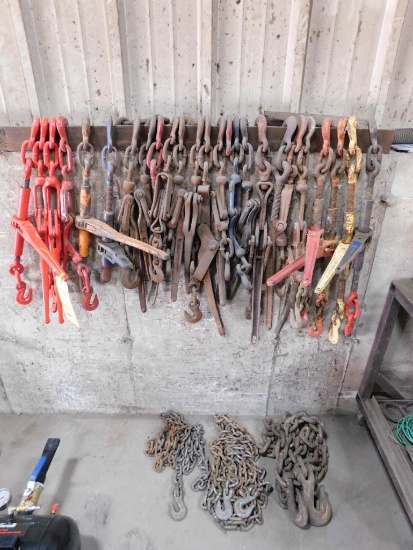 LOT: Assorted Chain Binders & Lifting Chains (LOCATED IN MECHANIC SHOP)