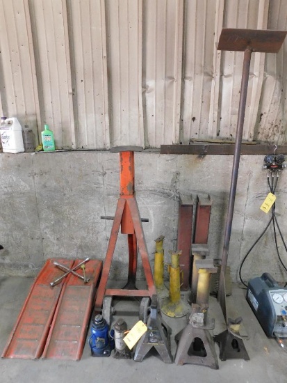 LOT: (2) Bottle Jacks, (2) 6-Ton Jacks, (4) Assorted Stands, Car Ramps, etc. (LOCATED IN MECHANIC