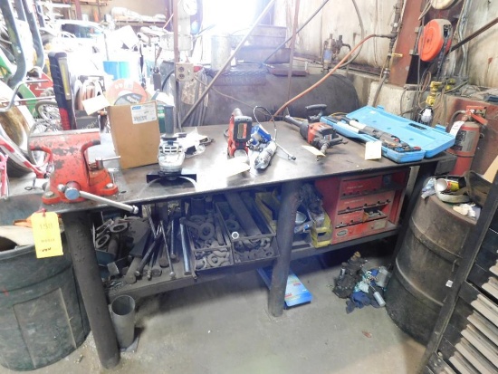 Wilton 8" Vise on Swivel Base on 84" x 36", 1/2" Thick Steel Fabrication Table w/Contents Underne...