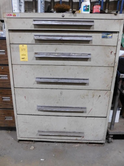 LOT: Lyon 6-Drawer Tooling Cabinet w/Contents of Assorted Stickers, Hardware, Grinding & Wire