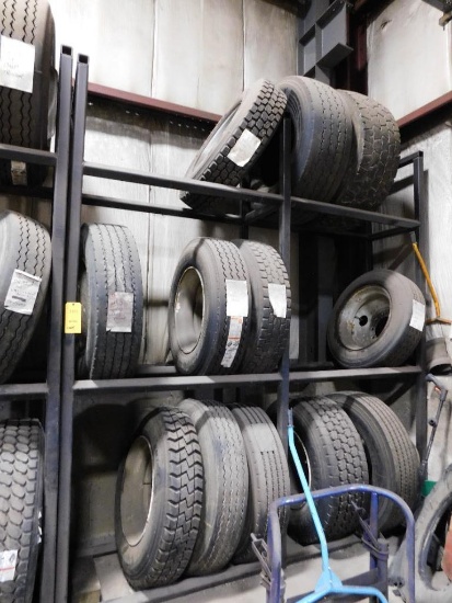 LOT: (2) Section Tire Rack 9'W x 10"H x 26"D, w/(12) Assorted Truck Tires (Majority NEW & 11R22.5
