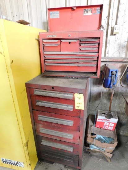 LOT: 6-Drawer Tool Cabinet and Stack On Top Tool Chest w/ Contents of Assorted Wrenches, Hammers,