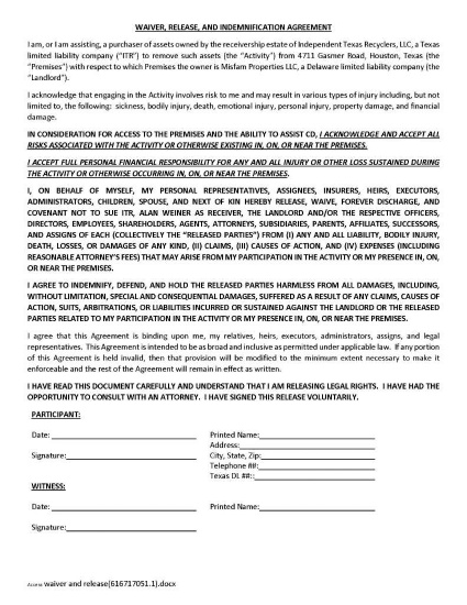 *REQUIRED* - Release form required for all removals from the 4711 Gasmer Dr., Houston, TX location.