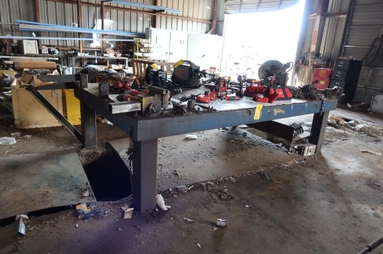 LOT: 72" x 120" HD Steel Work Table w/(2) Vises, Includes Chains, Hose Reel, Pneumatic Tools,
