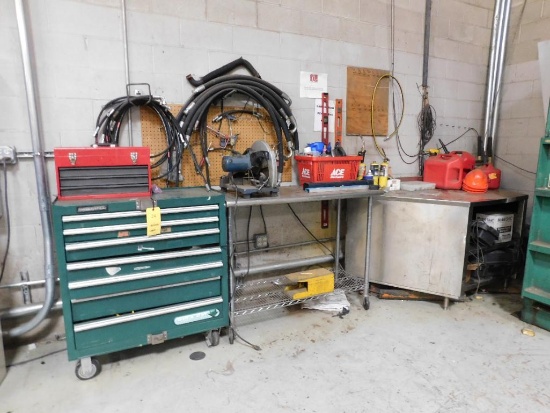 LOT: Master Force Tool Box, (2) Stainless Tables, 14" Cutoff Saw, Hand Tools, Hydraulic Hoses