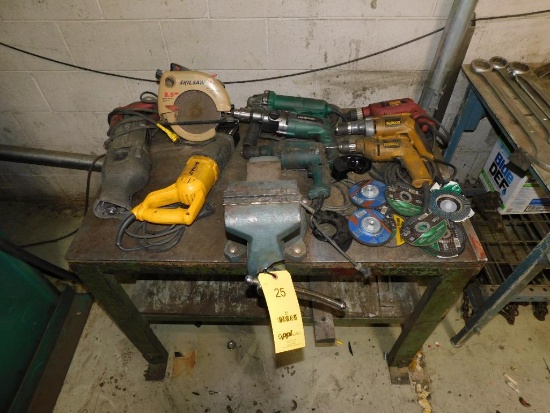LOT: Steel Table w/Wilton Vise & Assorted Power Tools: Drills, Grinders, Reciprocating Saws,