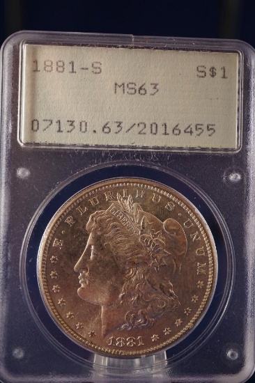 PCGS 1881-s Morgan Dollar $1 Graded ms63 PL by PCGS (fc), one of PCGS's early "rattler" cases.