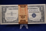 Stack of 100 Sequential Uncirculated Series 1957 B One Dollar Silver Certificates, still with the