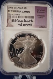 NGC 2001-w Eagle S$1 PF 69 Ultra Cameo signed by Elizabeth Jones, 11th Chief Engraver