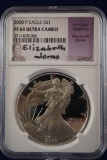 NGC 2000-p Silver Eagle $1 PF 69 Ultra Cameo, hand signed by Elizabeth Jones, 11th Chief Engraver