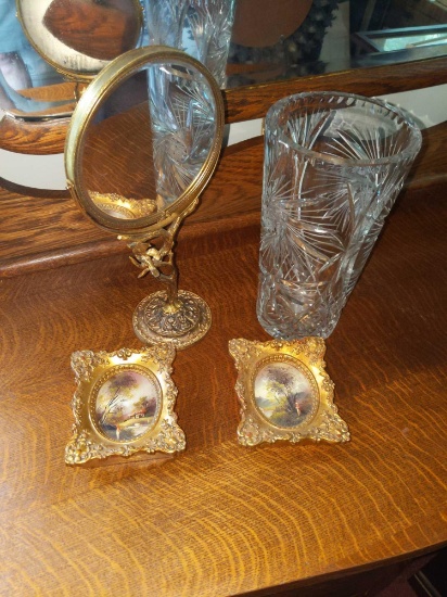 Pedestal mirror and two small pictures