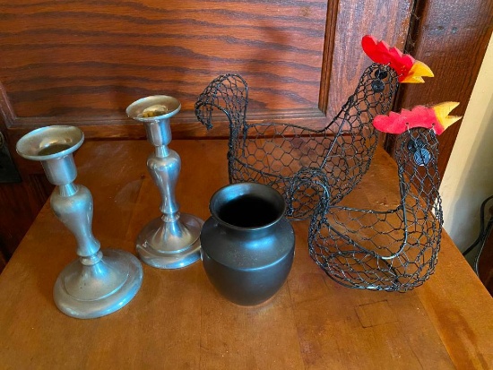 2 Candle Sticks 7", 1 Vase 4" & Pair of Chicken Baskets