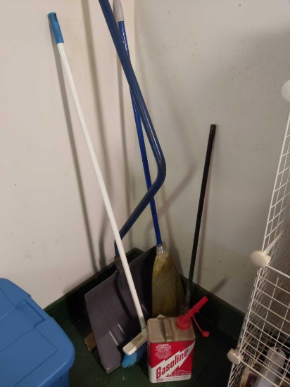 Snow shovel, brooms, gasoline can
