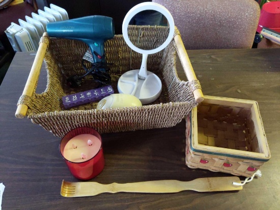 Wicker Basket, Mirror, Hair Dryer & Massager