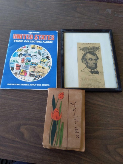 US Stamp Collecting Book, Whittler Poem Book & Abraham Lincoln Picture