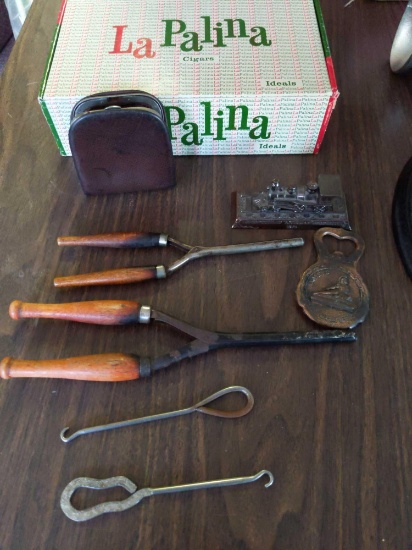Vintage Curling Irons, Button Pullers,Train Piece, Coin purse