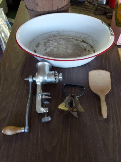 Meat Grinder, Chopper, Enamelware Pan & Wood Spoon Lot