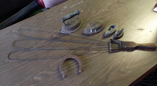 Vintage Rug Beater, Sad Iron & Lucky Horse Shoe Lot
