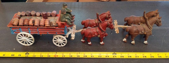 Vintage Cast Double Team Horse Drawn Wagon w/Barrels