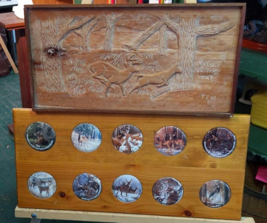 MN Deer Hunters Association Buttons & Hand Carved Deer Pic on Wood