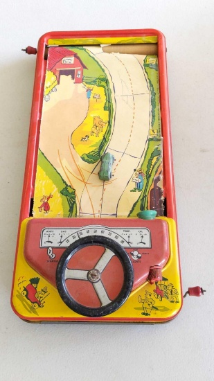 Crank Action Tin Driving Game - Scroll Ripped & Horn Missing