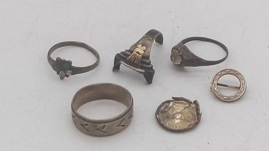 Sterling Lot Pins & Rings 6.88 gr one piece is 10K Gold on Sterling