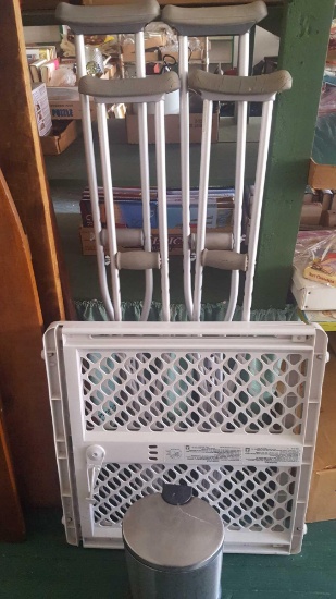 Crutches, child/pet gate & small trash can