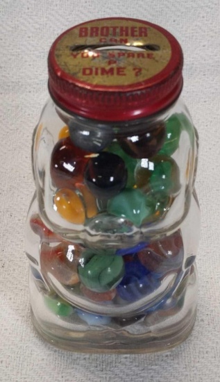 "Brother can you spare a dime" bank w/marbles