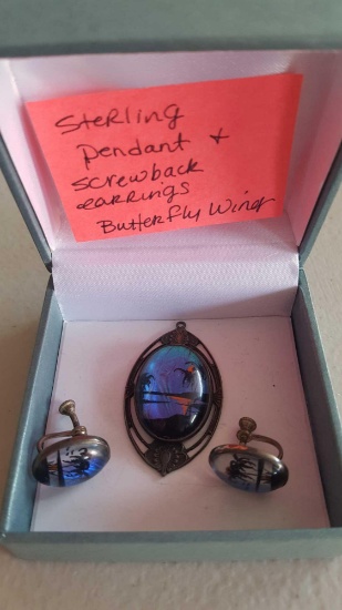 Butterfly wing Sterling Pendant & screw back earings