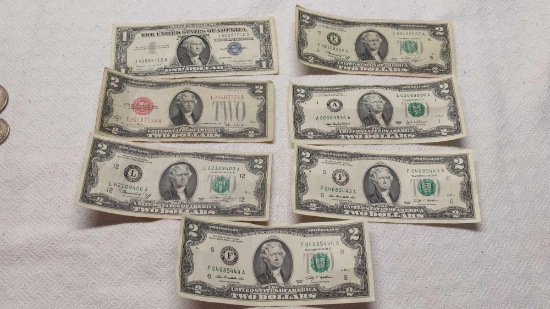Silver Certificate 1957A, Red Seal $2 1928G & 5-$2 Bill lot (1976,2003 &09)