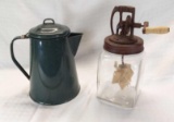 Graniteware Coffee pot & Dazey decorative churn (non functional)