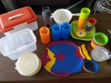Plastic plates, bowls, cups fish tray, 2 plastic Sterlite boxes