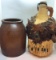 LEATHER WRAPPED JUG WITH PRIMITIVE CROCK