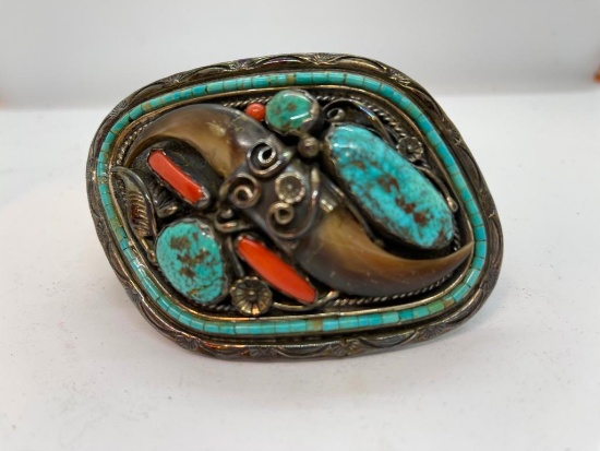 Belt Buckle with turquoise, coral and bear claw stamped DV