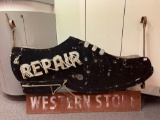 Vintage Neon Metal & Wood Shoe Repair Sign