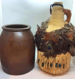 LEATHER WRAPPED JUG WITH PRIMITIVE CROCK