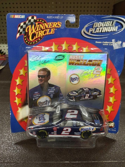 NASCAR WINNER CIRCLE DOUBLE PLATINUM RUSTY WALLACE TEAM COLLECTOR CARD AND CAR