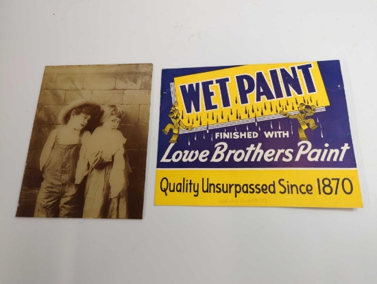 WET PAINT LOWE BROTHERS PAINT ADVERTISING 9", PICTURE OF KIDS 8"