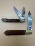 2 WOODEN HANDLE KNIVES, ONE WITH 2 BLADES
