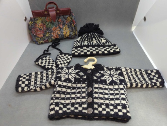 DOLL CLOTHES, HAT MITTENS SWEATER WITH BAG