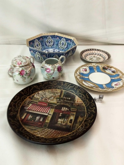 ASSORTED PORCELAIN TYPE PLATES,CREAM AND SUGAR BOWL, AND BOWL.