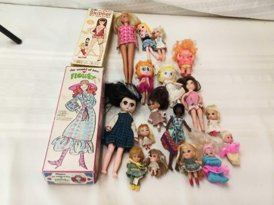 ASSORTED DOLLS, VARIETY OF SIZE. "SKIPPER" " IN BOX, "FLOWER" BY HASBRO IN BOX, SOME ARE MARKED