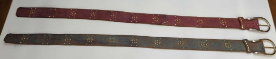 OILILY LEATHER BELTS STUDDED & EMBOSSED TURQUOISE& PURPLE GOLD TONE BELT BUCKLE SIZE L