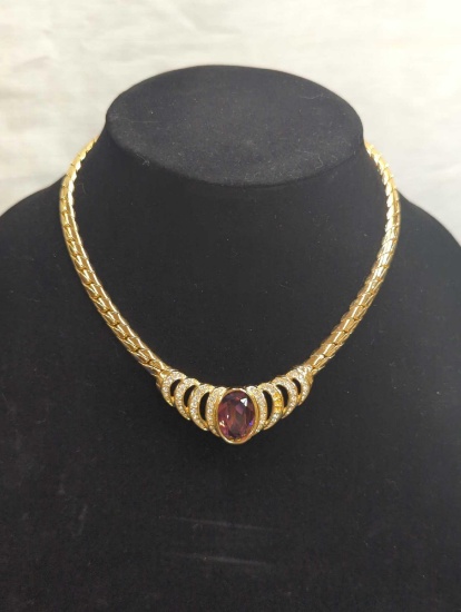 CHR DIOR GOLD TONE NECKLACE WITH PURPLE STONE AND CLEAR STONES NECKLACE