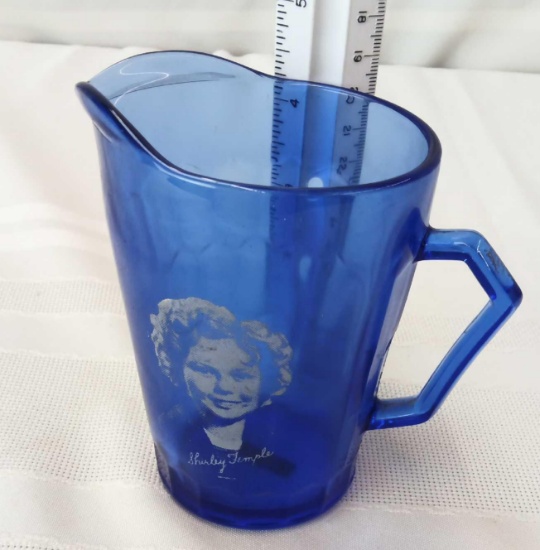 "SHERLEY TEMPLE" GLASS PITCHER 4 1/2" BLUE GLASS