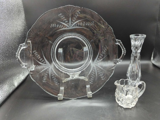 CLEAR GLASS ETCHED PLATE 11", CRYSTAL SMALL VASE 7", CREAMER 2.5"
