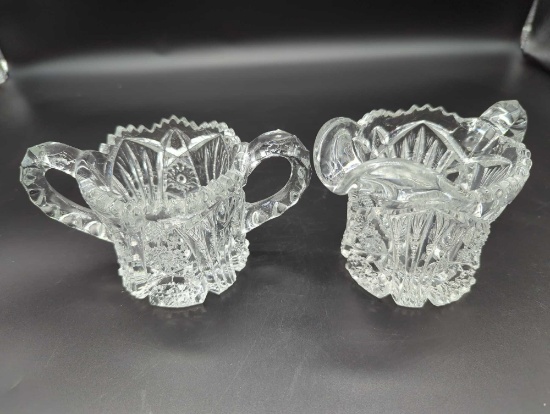 AMERICAN BRILLIANT GLASS SUGAR BOWL &CREAMER SAW TOOTH RIM ZIPPER