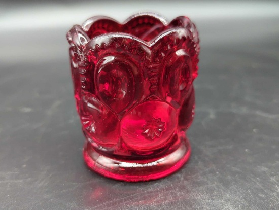 RED GLASS TOOTH PICK HOLDER MOON AND STAR PATTERN