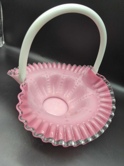 FENTON PINK & WHITE RUFFLED EDGE HOBNAILGLASS BASKET